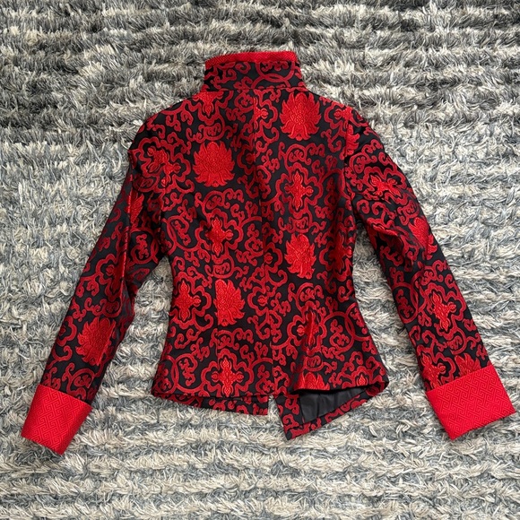 100% Silk Asian Traditional Chic Asymmetric Design Red Women's Blazer, Size XS - Picture 2 of 8